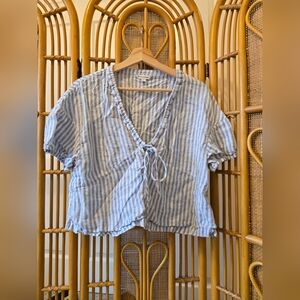 Banana Republic Blue and White Striped Linen Blend Tie-Front Blouse